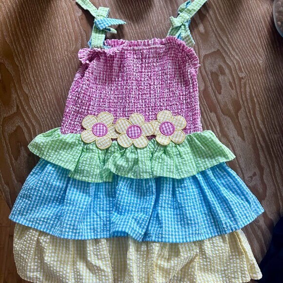 Rare Editions Girls Tiered Smocked Floral Gingham Sleeveless Dress - 4 - Picture 1 of 4